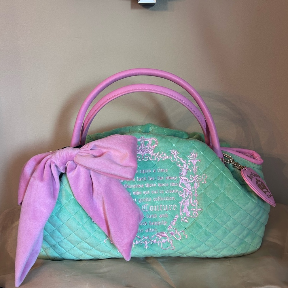 Juicy Couture Mint Quilted Satchel with Pink Handles & Bow
